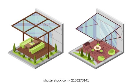 Set of inner courtyard isometric compositions with patio. Houses with a private terrace and transparent glass cover. Covered verandas for table place. Modern architecture