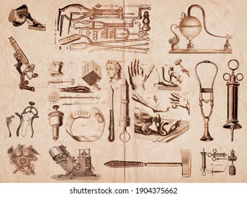 Set Of Instruments And Practices Of Ancient Medicine Used By Doctors. Gadgets To Treat Deformed Fingers And Toes, Cataract Surgery, Syringe, Stethoscope, And Other Objects. 