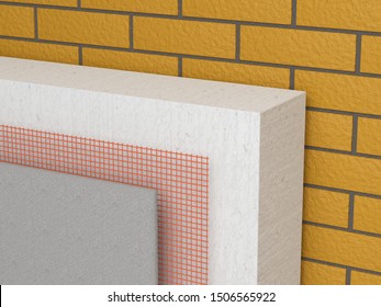 Set For Insulation Of Walls Of Polystyrene Block And Fiberglass Mesh And Plasters. 3d  Illustration On A White Background.