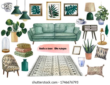 Set Of Interior Design Elements Isolated On A White Background.Inspiration Mood Board With Home Decor Items.Decor Scene Creator.Interior Modern Furniture,home Design Clipart,Planner Sticker