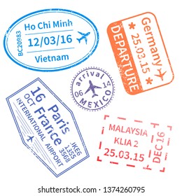 Set of International travel visa stamps on white. Arrivals signs rubber stamps.