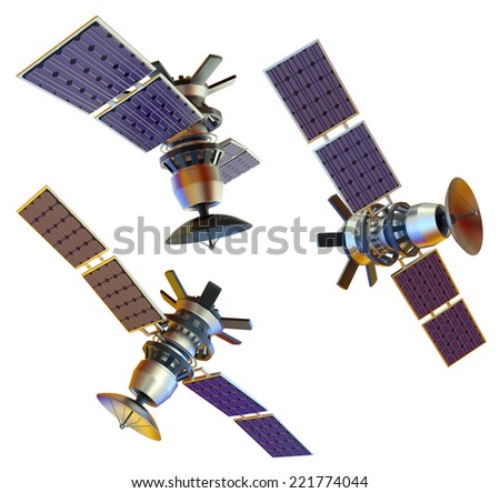 Set of isolated 3d models of an artificial satellite from different angles. Standalone space station in Earth orbit. Supervisory research spy probe. Data from space. Starship.