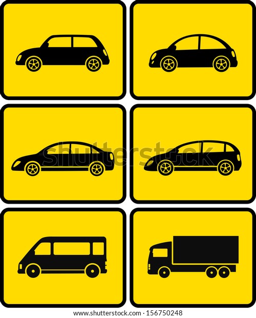 set of\
isolated cars silhouettes on yellow\
buttons