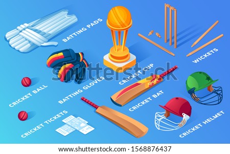 Set of isolated cricket items or ball sport equipment. Wooden stump and wicket, helmet and pads, gloves and ticket, bat and cup, trophy. Batsman or batter keeper and bowler icons. Game, sporting