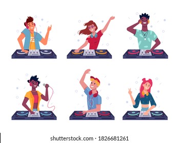 Set Of Isolated Dj At Turntable. Party Man And Woman Play At Disco. Cartoon Male And Female With Headphone And Mic, Vinyl. Night Discotheque Or Nightclub Sign. Disc Jockey Scratching. Music, Sound