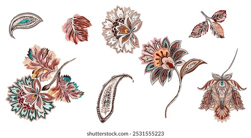 Set of isolated ethnic flowers and leaves. Beautiful floral element with vintage leaves, paisley and cashmere elements.