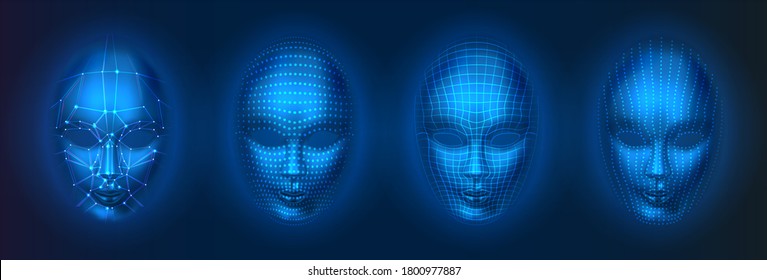 Set of isolated human or robot, artificial intelligence faces with dots and lines. Facial scan with AI, head verification technology, recognition concept. Bionic and futuristic human id scan.