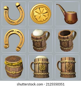 Set of isolated Irish symbols related with St. Patrick's Day celebration. 3D illustrations of a smoking pipe, lucky coin, various wooden beer mugs, different horseshoes, and barrel full of gold coins