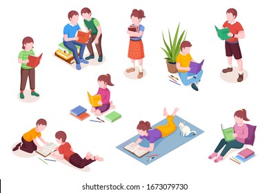 Set Of Isolated Isometric Child Reading Books. Boy And Girl With Textbook Illustration. Preschool Kids Study Lessons. Cartoon School Pupil Or Student. Read And Learn, Childhood Education