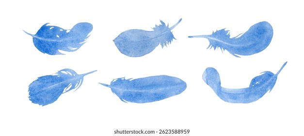 A set of isolated objects featuring watercolor textured delicate dreamy blue curved feathers. Each feather showcases soft gradients of blue hues and intricate details, creating a light and airy feel