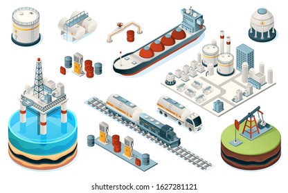 Set Of Isolated Oil Industry Equipment. Isometric Icons For Fuel, Gasoline And Petrol Production. Plant And Pipe, Sea Platform And Tanker, Train And Truck, Pump, Gas Station, Tank. Industrial Factory