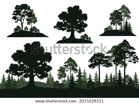 Set Isolated on White Background Landscapes, Trees and Bushes.