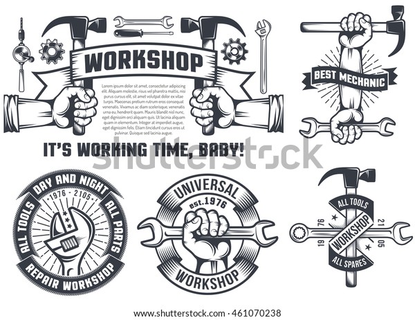 白い背景に手とツールを使用した 分離型ビンテージロゴの修理ワークショップ のイラスト素材