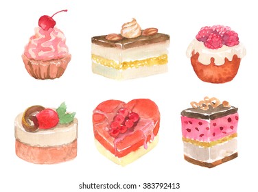 Set Of Isolated Watercolor Sweet Cakes. Dessert .