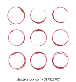 Set Of Isolated Wine Stain Circles. Red Wine Stains And Spots. Wine Bottom Glass Ring Stains For Badge Design. Red Watercolor Hand Drawn Glass Marks Of Wine Stain On White.