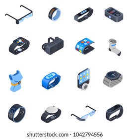 Set Of Isometric Icons With Wearable Technology Including Watches, Augmented Reality Glasses, Smart Clothing Isolated  Illustration   