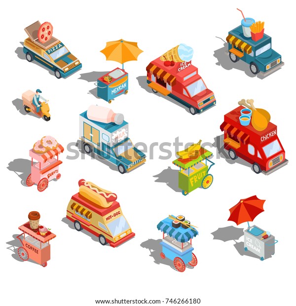 Set of  isometric\
illustrations cars fast delivery of food and food trucks, street \
carts, icons