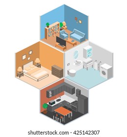 Set Of Isometric Interior Rooms Of The House. 