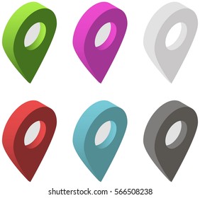 Set Of Isometric Map Pointers. Multicolor Map Pin Icons. Collection Of Map Marker.  Illustration.