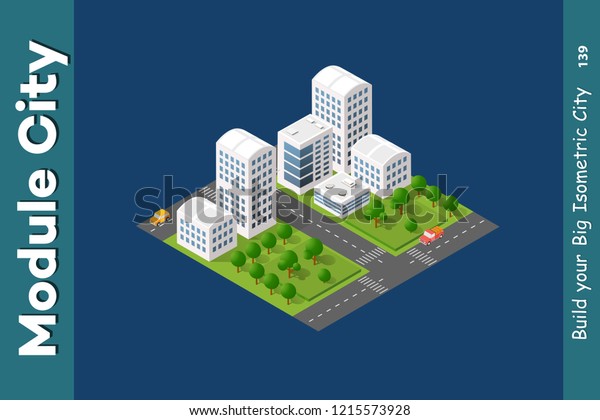 Set of isometric skyscrapers street road\
traffic cars. Infrastructure urban\
economy.