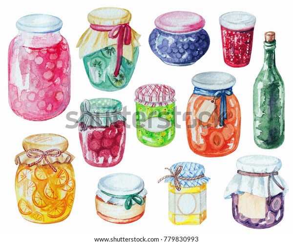 Set Jars Jam Watercolor Hand Painted Stock Illustration 779830993