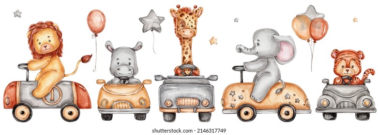 Set of jungle animals in cars and balloons; watercolor hand drawn illustration; with white isolated background