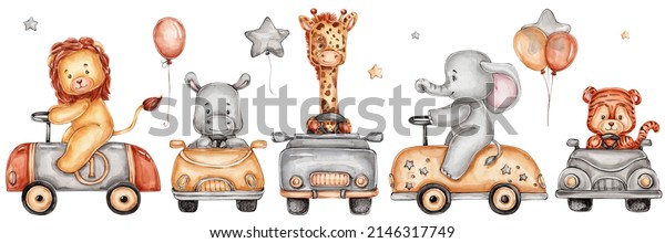Set of\
jungle animals in cars and balloons; watercolor hand drawn\
illustration; with white isolated\
background