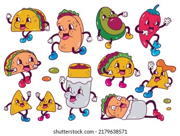 Set junk food in retro cartoon style illustration  vintage character collection