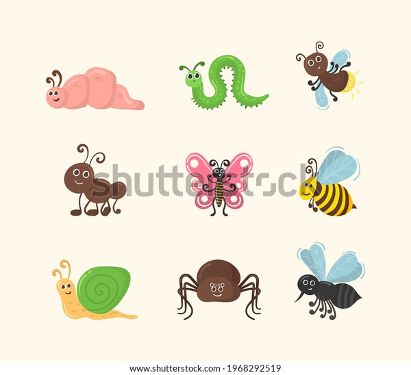 白い背景にカワイイ虫のセット フラットデザインの可愛い漫画の虫がおかしな落書き風キャラクター おかしな毛虫や蝶 子虫 虫 蚊 クモ のイラスト素材