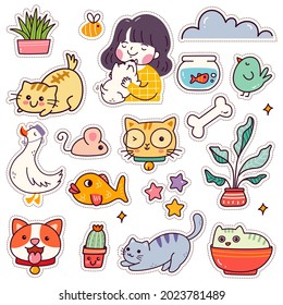 Set Of Kawaii Sticker, Cute Animal Patches Design, 