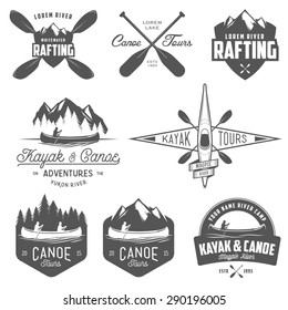 Set of kayak and canoe emblems, badges and design elements