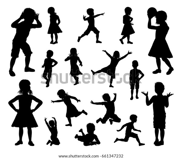 シルエットで遊ぶ 走る ジャンプする その他のポーズをとる子供や子供のセット のイラスト素材