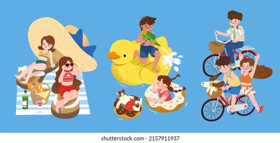 Set Of Kids Doing Different Summer Outdoor Activities. Flat Illustration Of Children Enjoying Sun Bath, Playing In Swimming Pool, And Riding Bicycles.