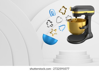 Set of kitchen tools including mixer, bowl and cookie cutters float above pedestal and abstract background. Concept of cooking creativity