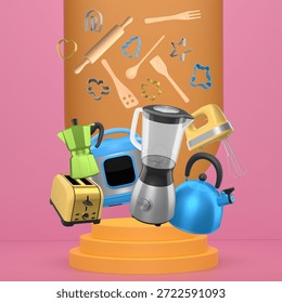 Set of kitchen tools including mixer, moka pot, toaster and cookie cutters float above pedestal and abstract background. Concept of cooking creativity