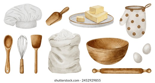 Set of kitchen utensil elements and baking ingredients flour, eggs, butter, spoon, bowl, rolling pin, whisk, scoop. Watercolor isolated hand drawn illustrations for food bloggers, recipes