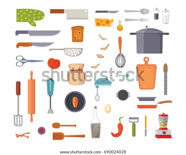 Set Kitchen Utensils Cooking Tools Flat Stock Illustration 690024028 ...