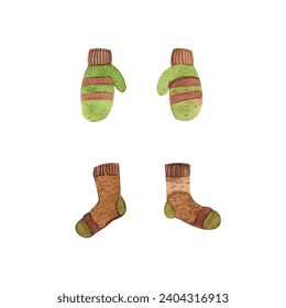 A set of knitted winter clothes ,Knitted mittens ,hat, socks,green warm clothes watercolor illustration isolated on a white background	 - Powered by Shutterstock