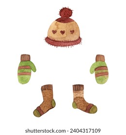 A set of knitted winter clothes ,Knitted mittens ,hat, socks,green warm clothes watercolor illustration isolated on a white background	 - Powered by Shutterstock