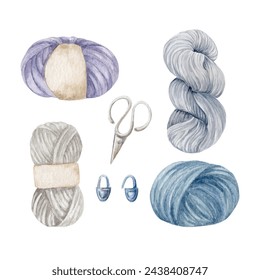 Set of knitting ball of yarn, scissors, stitch markers, watercolor illustration, hand draw - Powered by Shutterstock