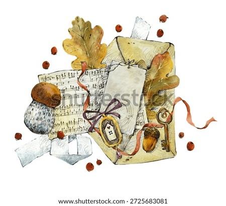 Set of Lady Diary. Autumn composition. Victorian Vibe. Watercolor hand drawn illustration