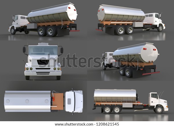 Set large white truck tanker\
with a polished metal trailer. Views from all sides. 3d\
illustration.
