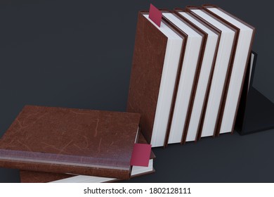 Set of leather bounded journals, some leading on a bookend and a couple stacked on their sides with copy space on book cover. 3D Render