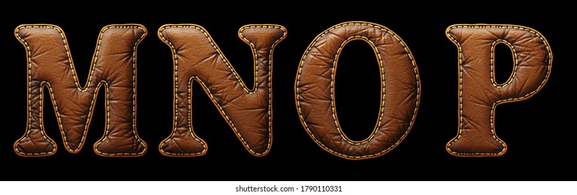 Set of leather letters M, N, O, P uppercase. 3D render font with skin texture isolated on black background. 3d rendering