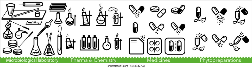 Set Of Life Sciences And Laboratory Icons. Microbiological Laboratory, Medicine, Pharma, Chemistry And Phytopreparation Signs