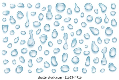 Set of light blue water drops of different shapes with shadows, isolated on white background