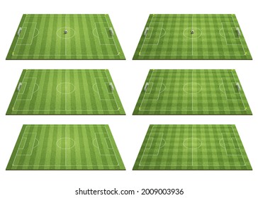 Set Of Light Green Football Fields. Stripe Lawn And Checkered Lawn.  3d Illustration.