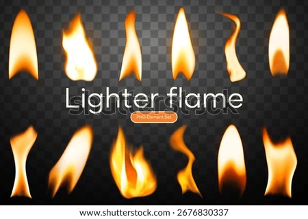 Set of lighter flame PNG elements. Lighter flame variations on transparent background. Perfect for design projects needing realistic lighter flame effects. Fire illustration element set.