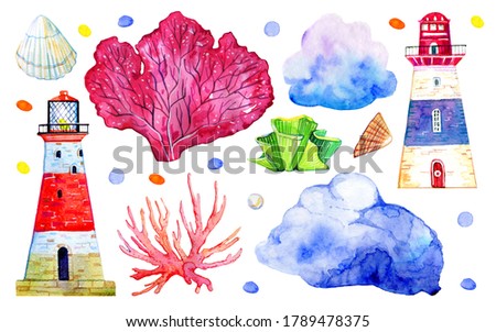 Set with lighthouses, corals and shells. Hand drawn watercolor sketch illustration isolated on white background