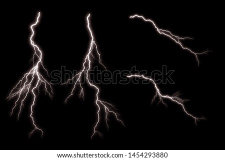Set of  Lightning and thunder bolt  isolated  on black background, 
The concept of the intensity of weather, rainstorm.